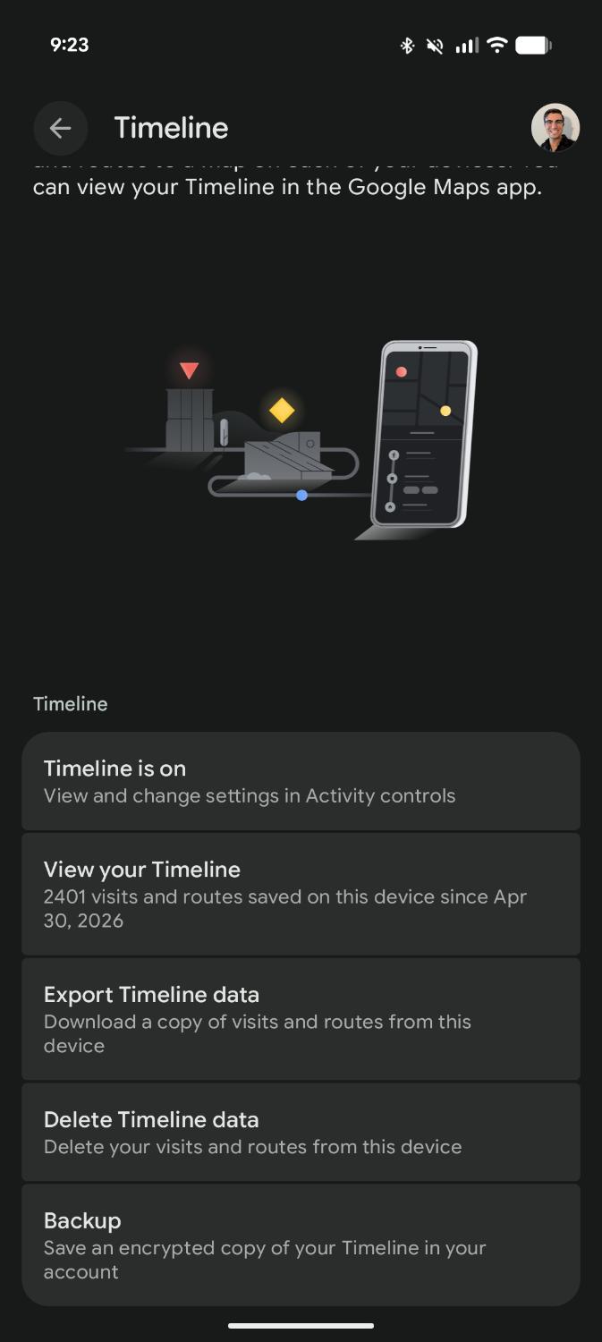 Android Timeline settings screen showing Export Timeline data option