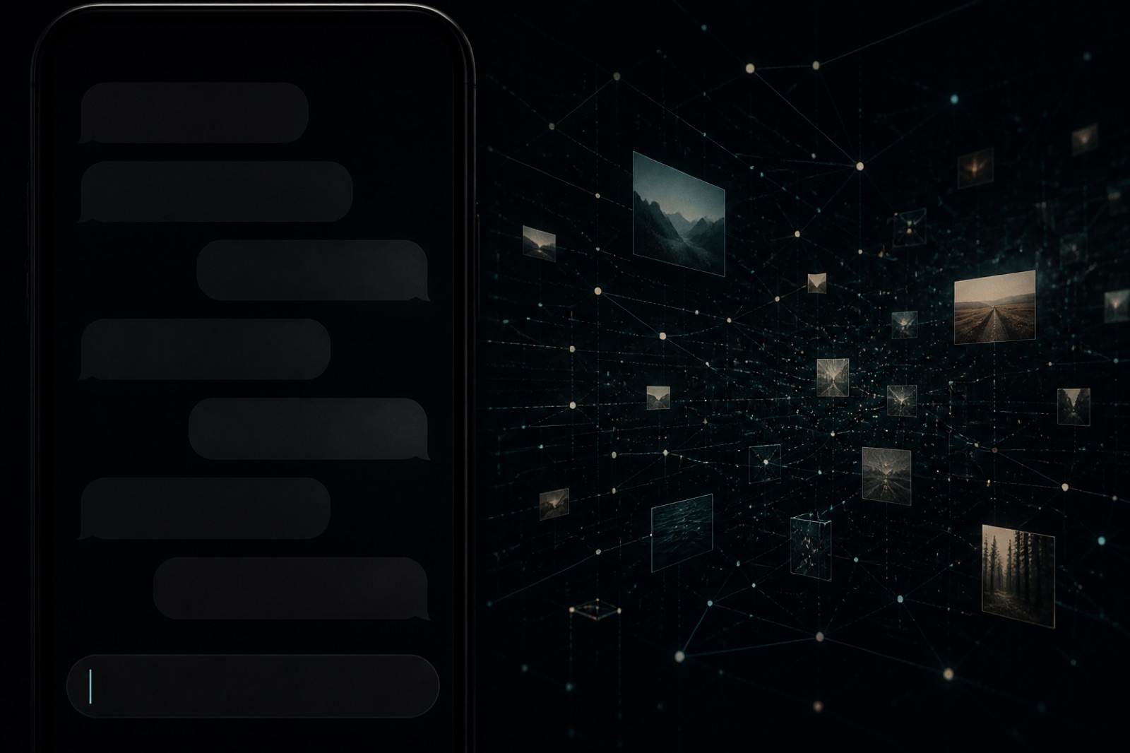 Split: a phone-shaped stack of empty chat bubbles on the left, a spatial canvas of nodes and photos on the right