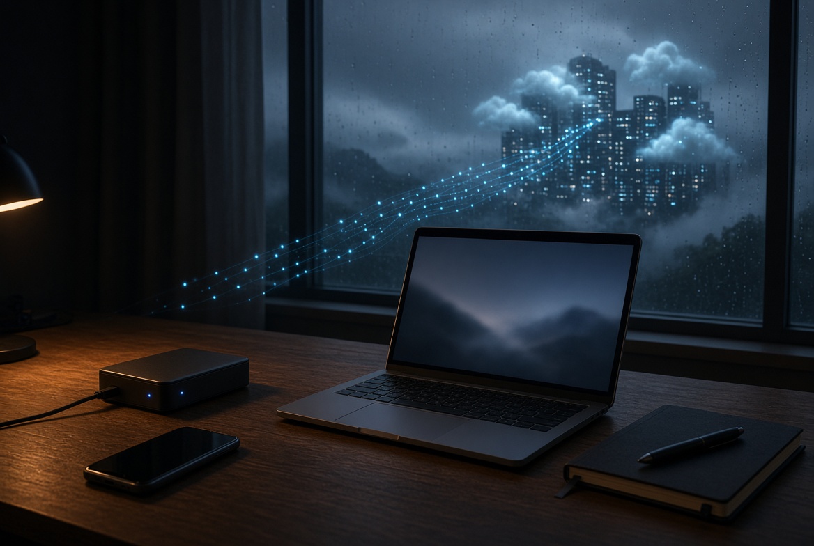 Laptop, phone, and external drive on a desk at night while data streams pull away from distant cloud towers outside the window
