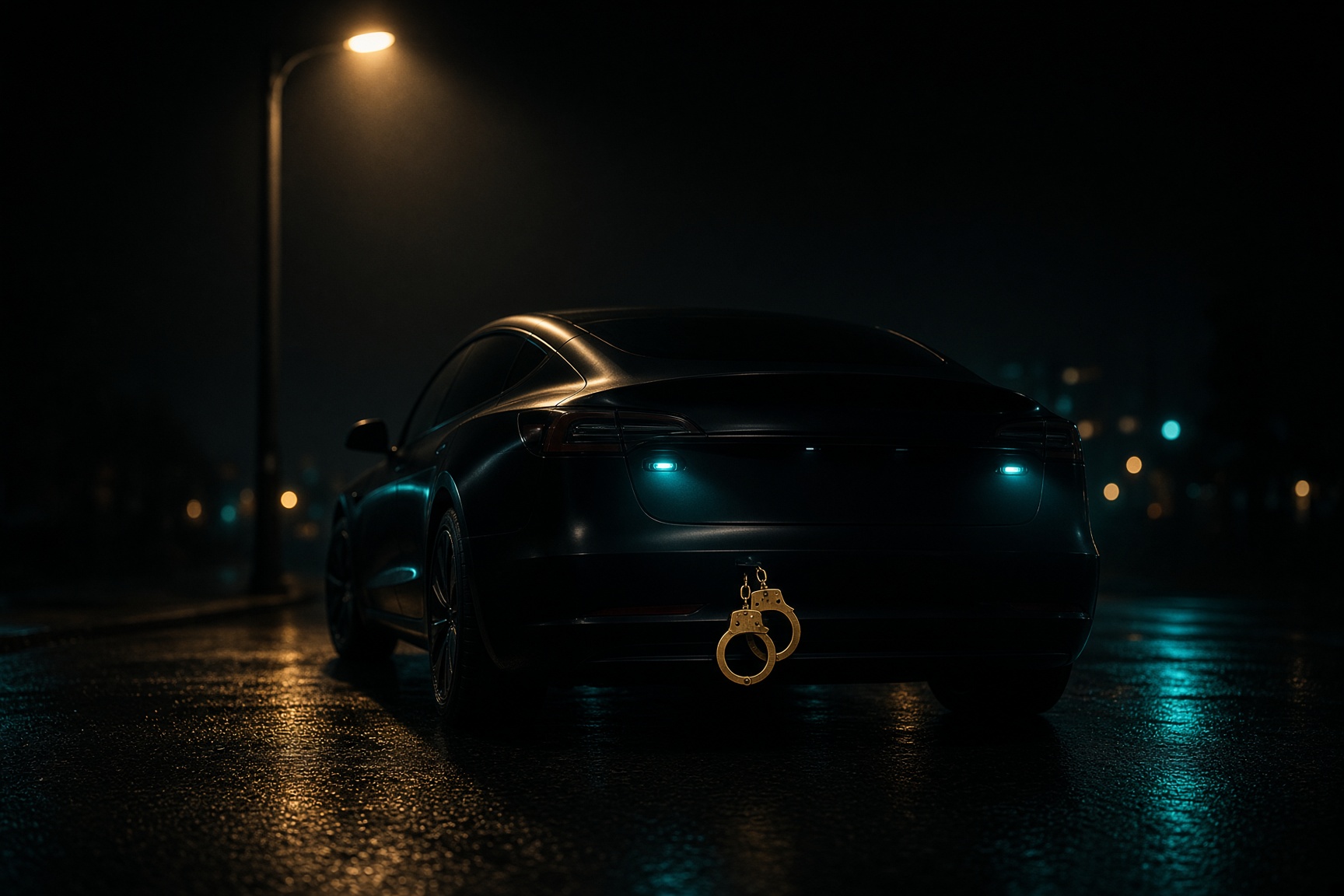 Black sedan at night, gold handcuff on the rear bumper