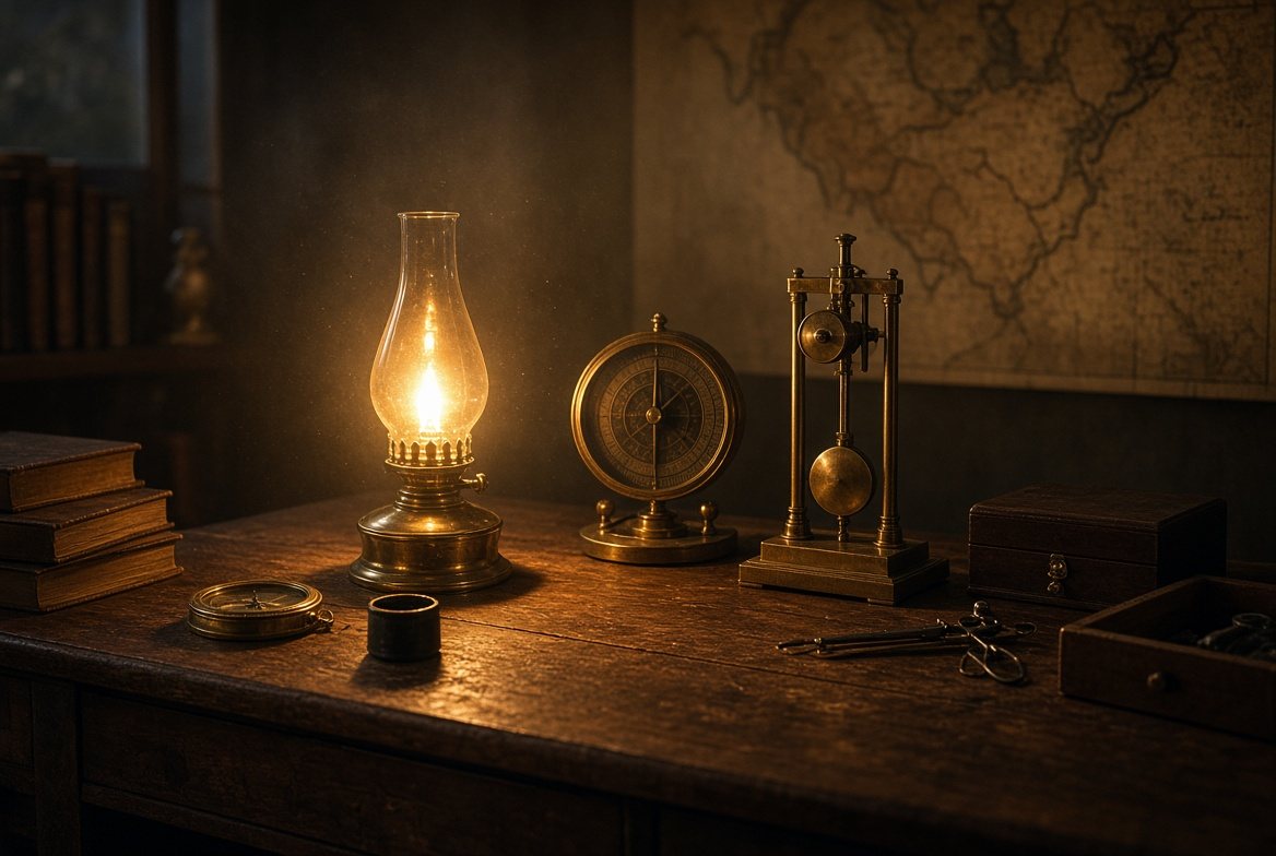 Warm oil lamp lighting a brass dial and pendulum on a wooden study desk