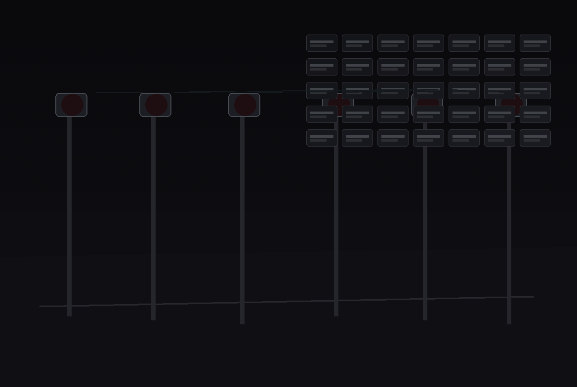 A row of street-camera poles feeding license-plate records into a cloud grid