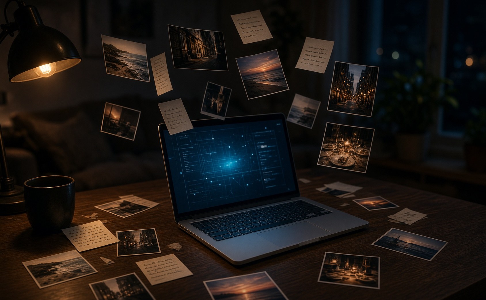 Night desk: a local agent on a laptop retrieves a month of photos and notes assembling in the air