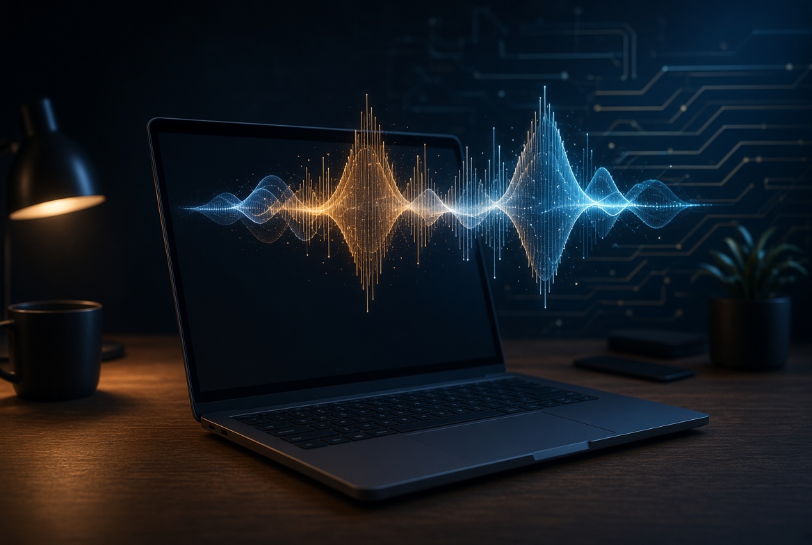 Laptop on a desk at night with glowing sound waveforms floating above the screen — local text-to-speech under hardware constraints