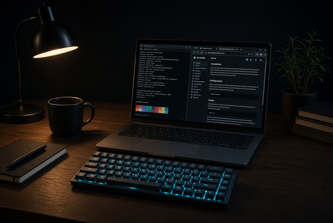 Night desk with a tiled dark Linux desktop, terminal beside browser, mechanical keyboard