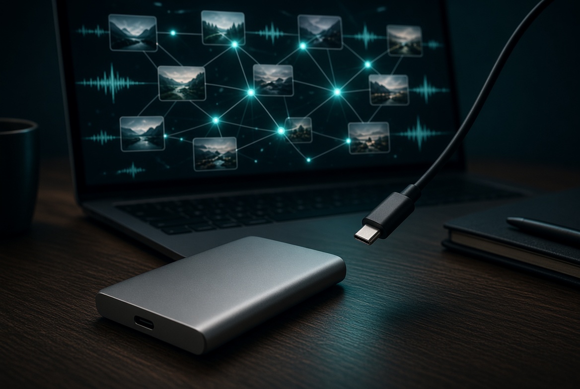 Silver external drive on a desk with the USB-C cable disconnected; laptop behind it shows a glowing photo graph