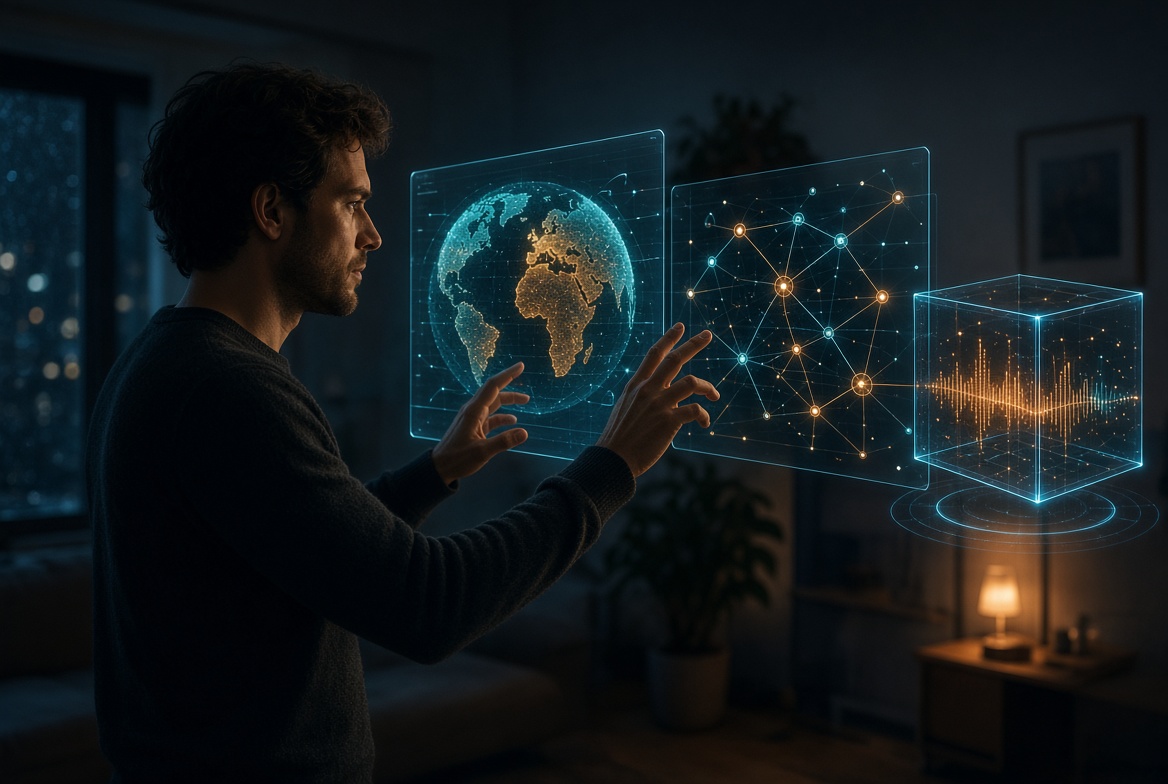 Person standing in a dim apartment navigating holographic panels of a globe, a knowledge graph, and a music cube