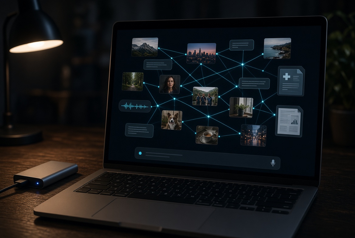 Laptop screen showing a dark infinite canvas of personal photos, voice notes, and documents linked as a graph, with a silver drive plugged in beside it