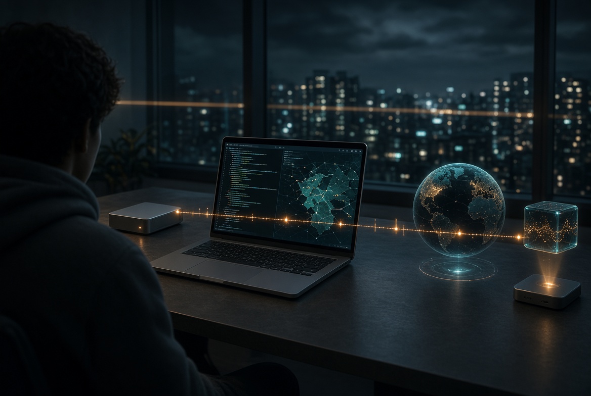 Person at a night desk with an amber timeline of light connecting an external drive, a laptop graph, a holographic globe, and a music cube