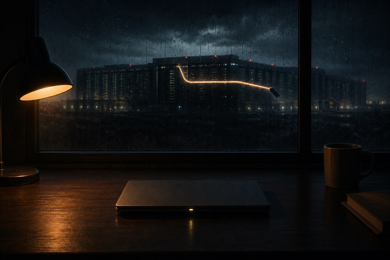 Cut cloud cable on a night desk while a local laptop stays lit