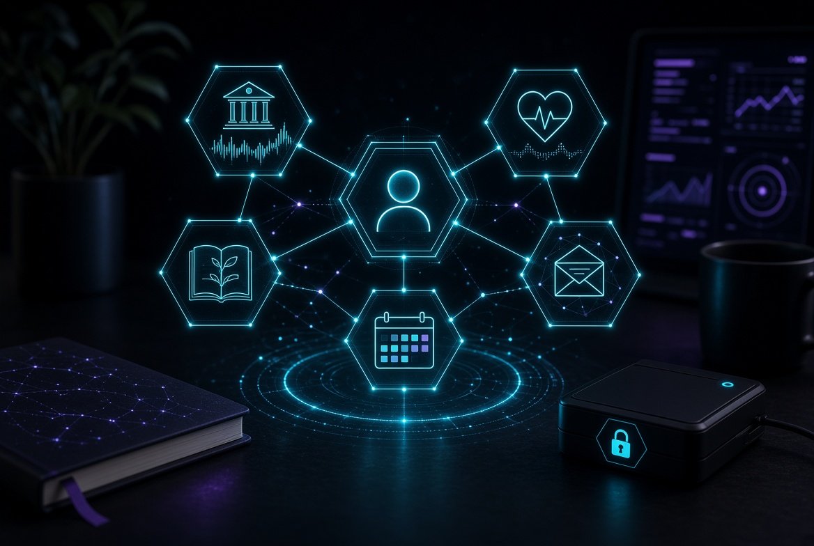 Unified personal knowledge graph linking bank, health, journal, calendar, and email on a private machine