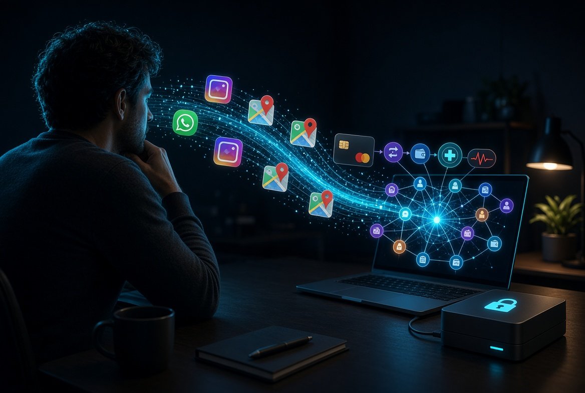Personal data from messaging, social, maps, banking, and health flowing into a private local knowledge graph