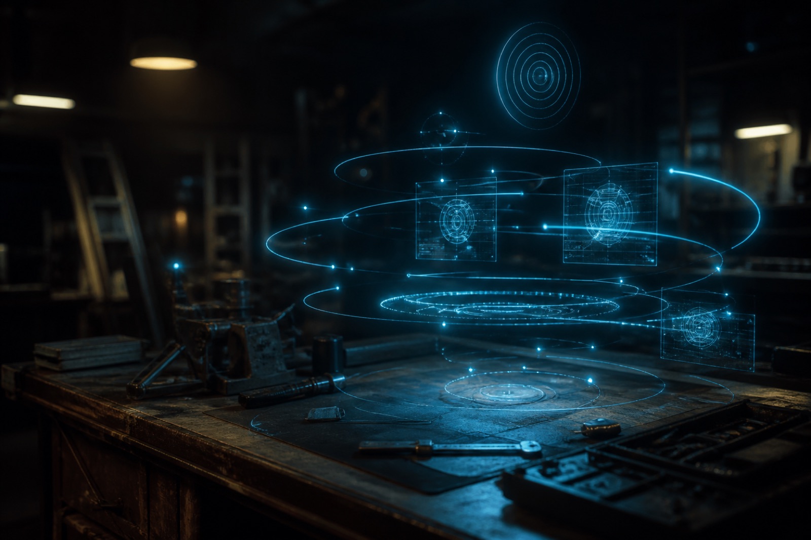 Workshop hologram of orbital rings and schematic panels floating above a workbench