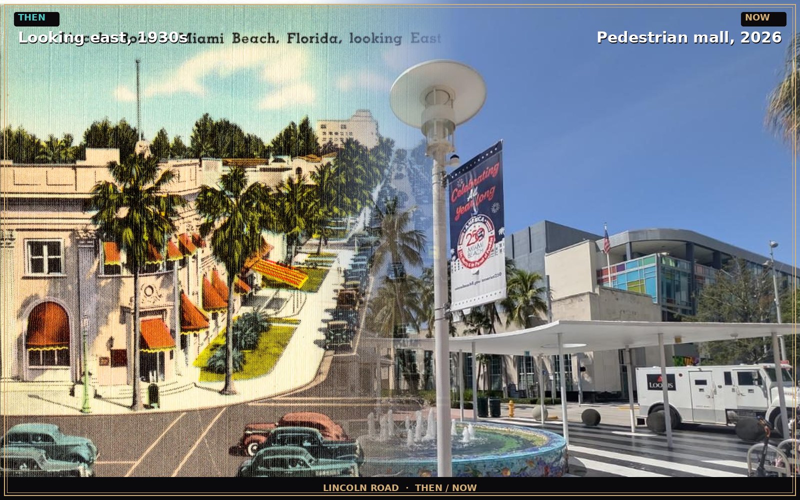 Lincoln Road looking east, 1930s blended with the 2026 mall