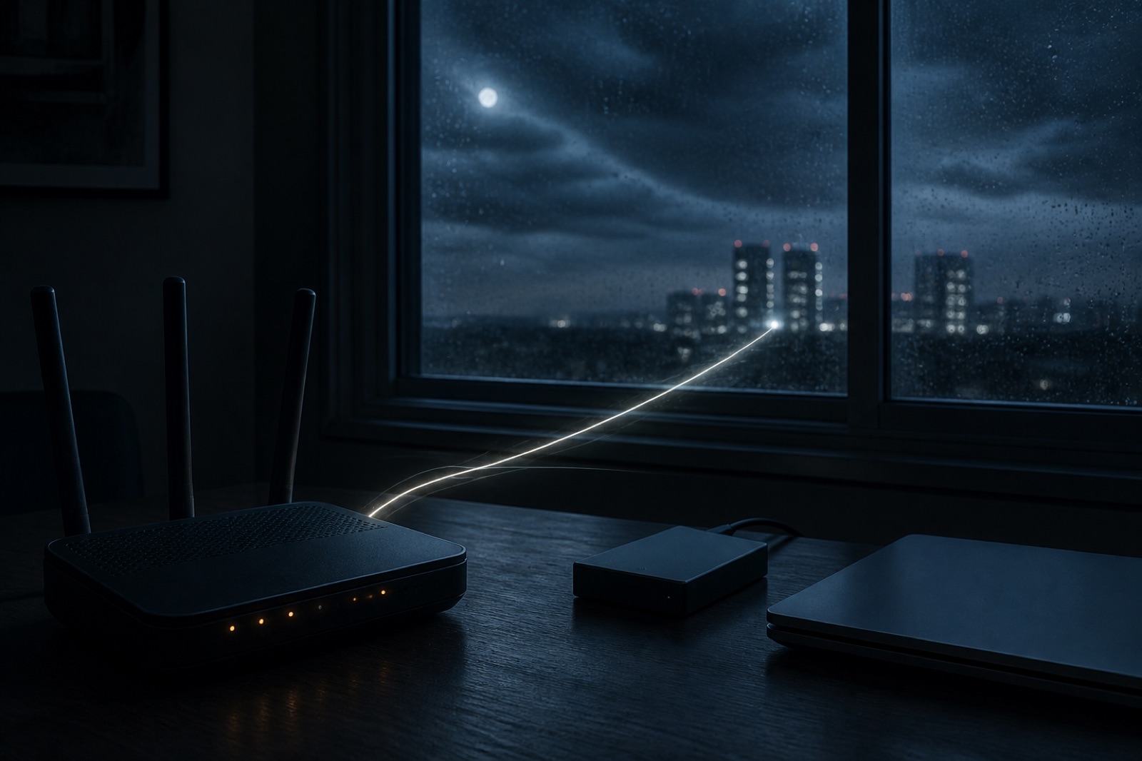 Home router on a night desk sending a thread of light out the window toward distant towers