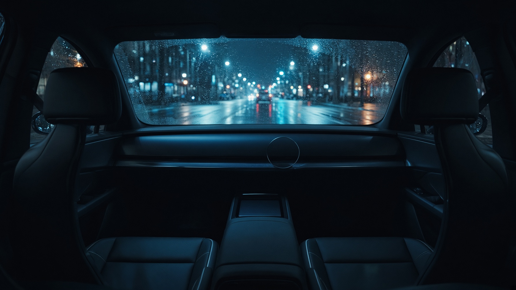 Empty robotaxi cabin at night with no steering wheel and no pedals, city lights on the windshield
