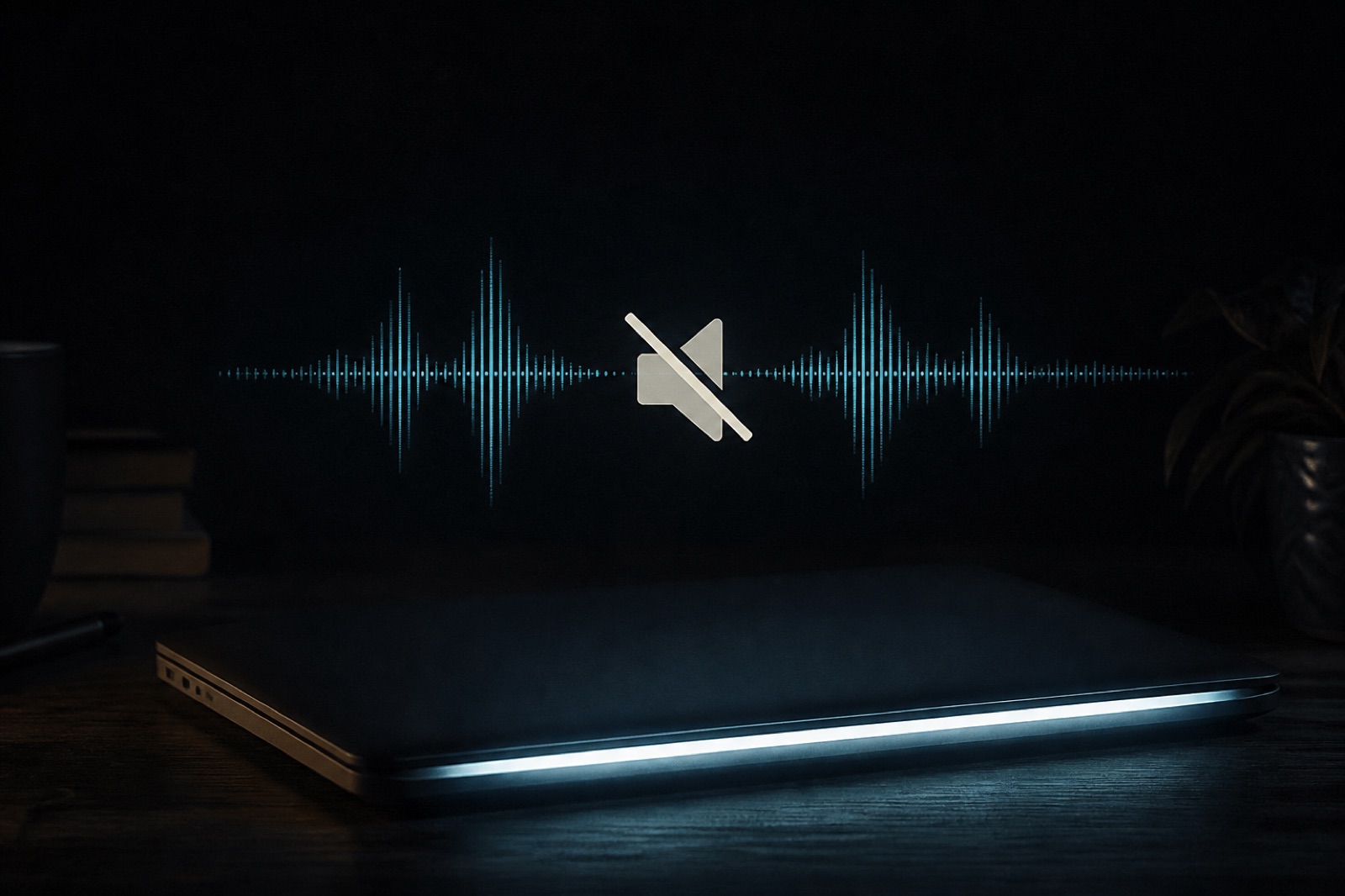 Closed laptop at night with a muted speaker glyph cutting through a cyan waveform