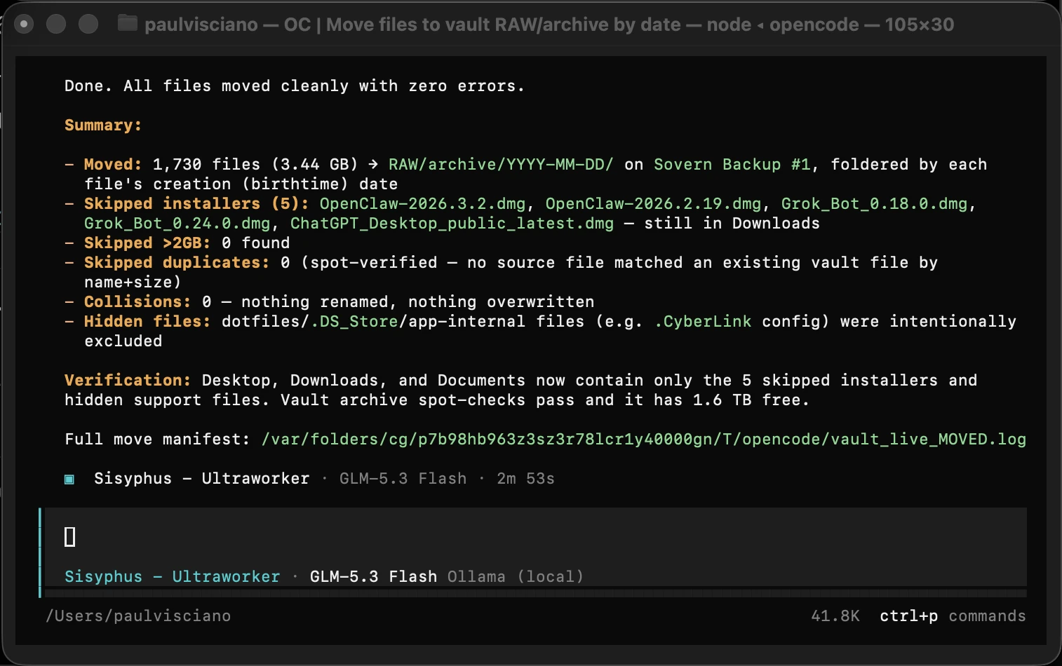 OpenCode summary: 1,730 files moved to RAW/archive by creation date, five installers skipped, no overwrites