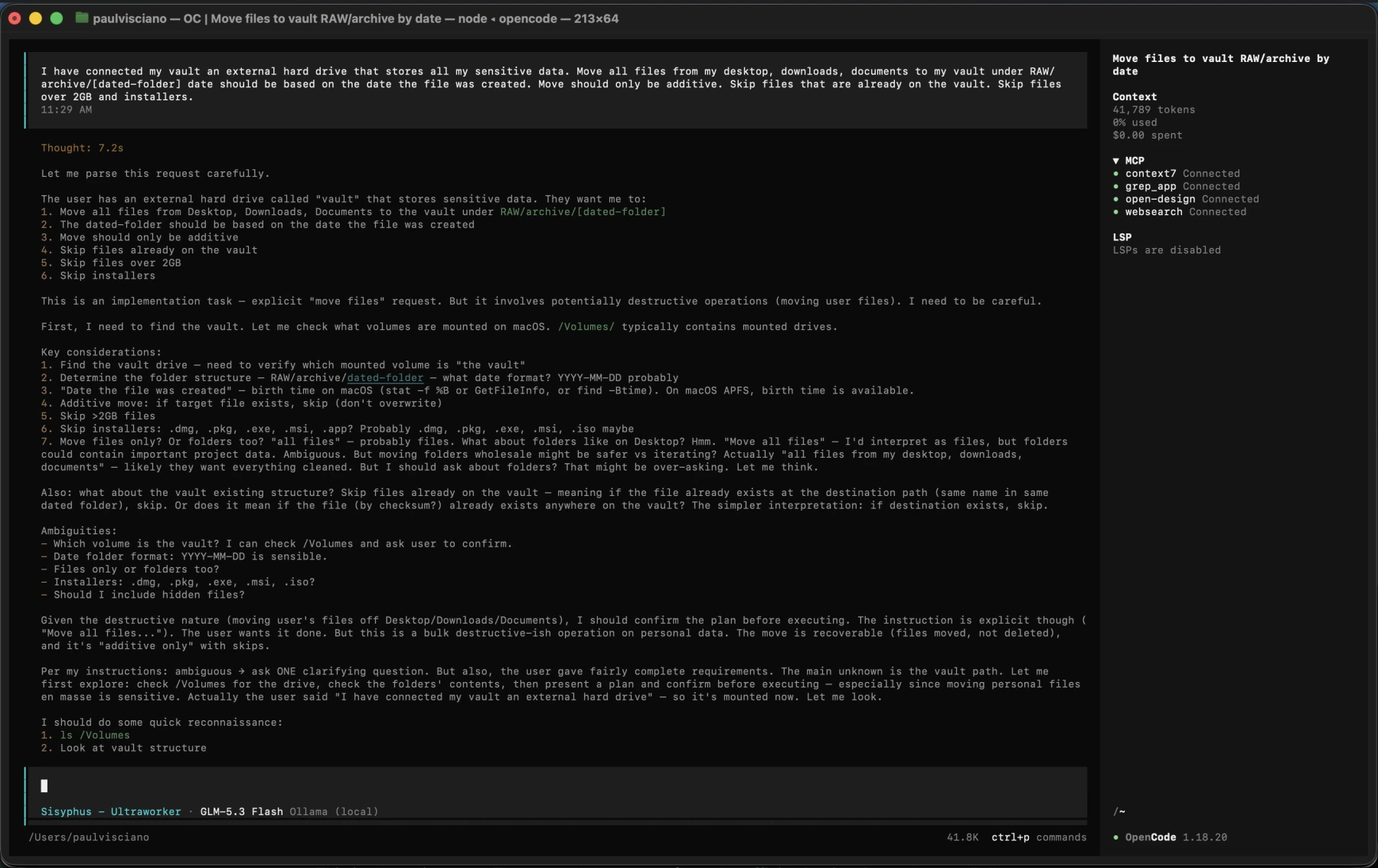 OpenCode session: the vault backup prompt and GLM-5.3 Flash planning the move into RAW/archive by creation date