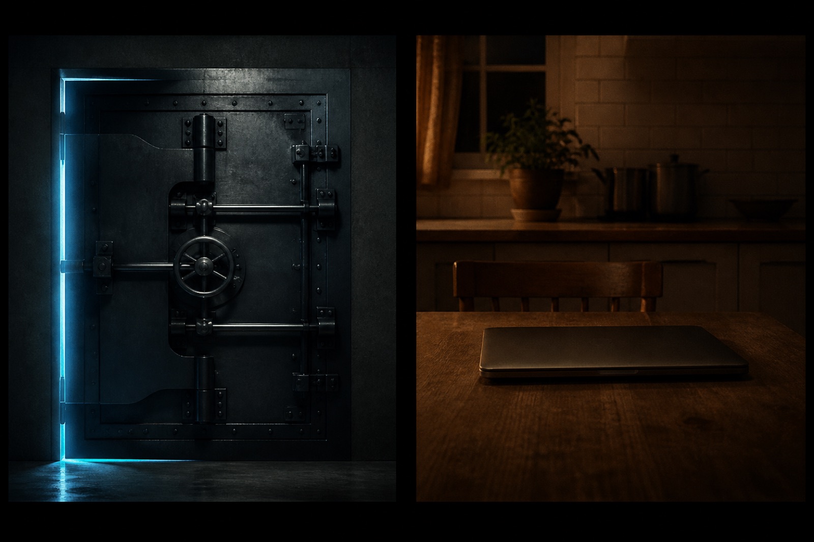 A remote vault of weights versus a 16 GB laptop on a desk