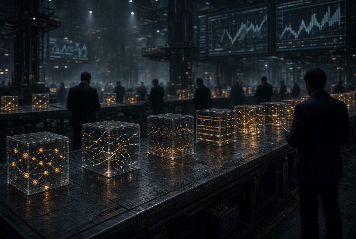 Glowing data cubes on a dark trading floor — personal data sorted and resold by brokers