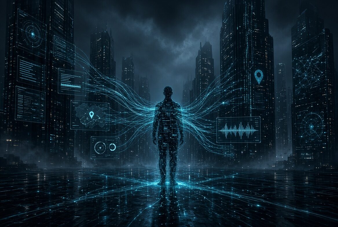 A human silhouette of data streams feeding corporate towers — personal life as inventory