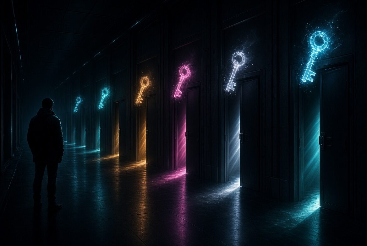 A hallway of doors, each with a glowing key — API keys as doors to other companies