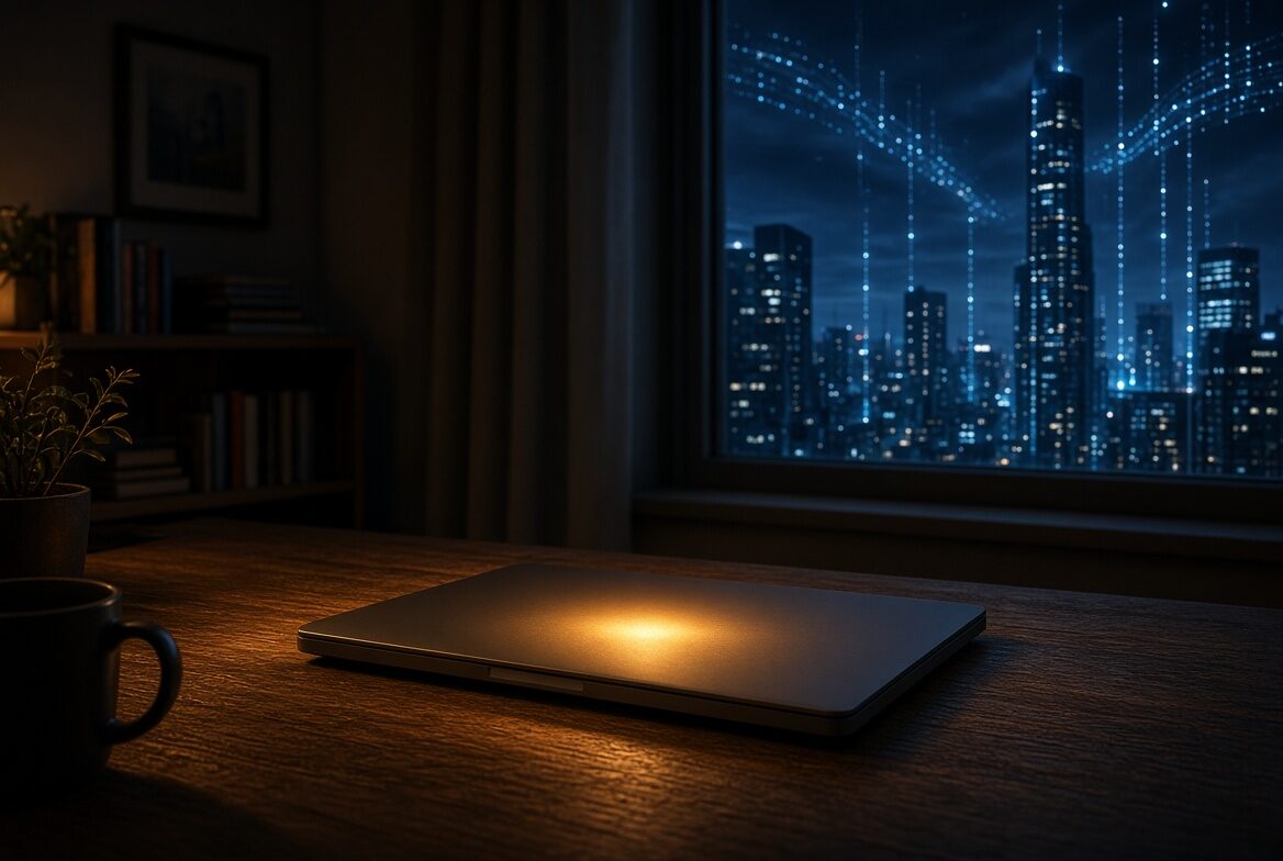 Closed laptop glowing from within on a desk; cold city data streams stay outside the window