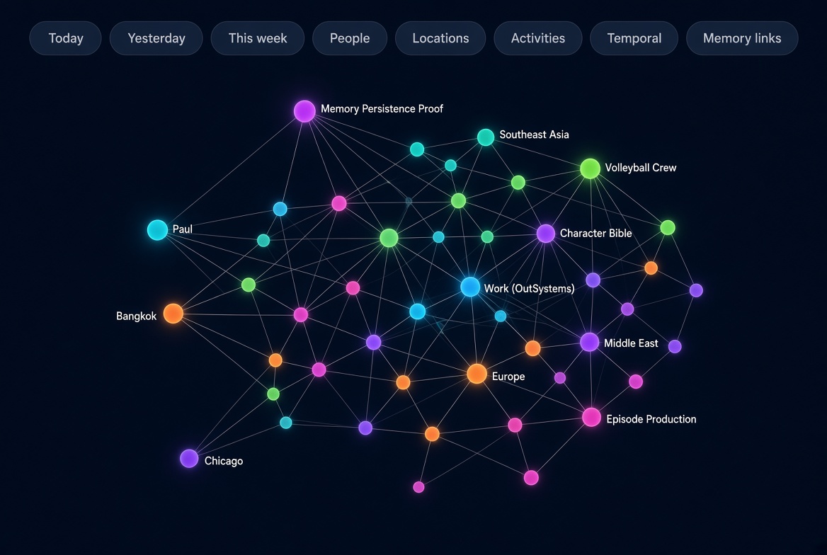 Neuro Graph — a 3D force-directed neural network visualizing memory as connected nodes of people, places, activities, emotions, and moments in time, connected by synapses
